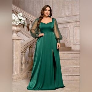 SHEIN Plus Size Dark Green Satin Rhinestone Mesh Sleeved Dress